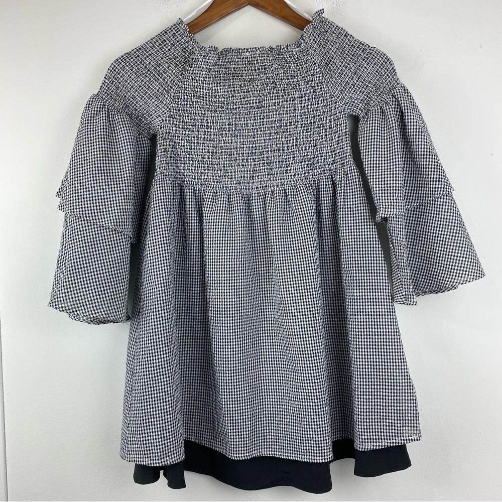 Lost In Lunar Medium Women’s Black White Gingham Smock Off Shoulder Blouse - Picture 5 of 7